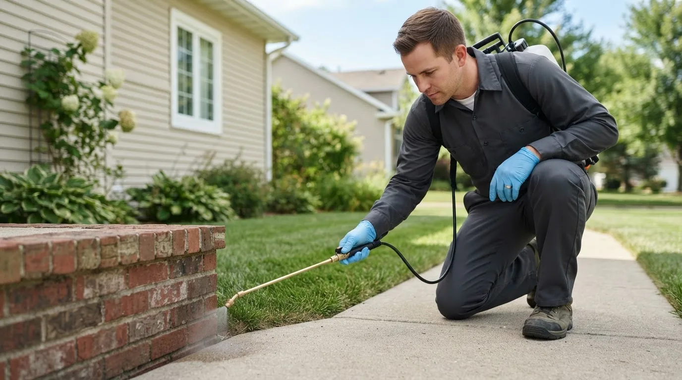 Pest control technician treating a home near University Center, MI