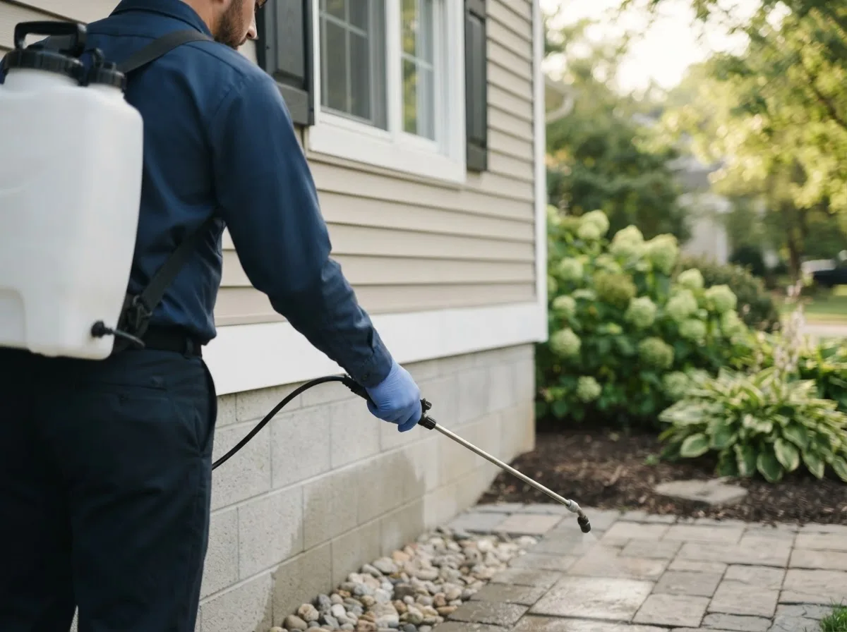 Pest control technician inspecting a home in University Center, MI